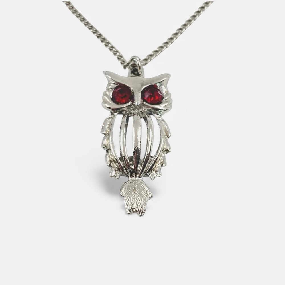 Vintage Rhinestone Owl Necklace, Silver with Red Eyes